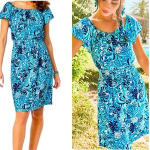 LN Lilly Pulitzer Clarette Bright Blue & White Mermazing Flutter Sleeve Dress  S